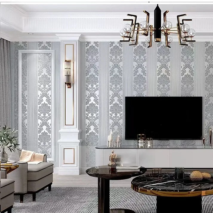 Luxury 3D Silver Gray Wallpaper for Living Room Bedroom Vertical Striped Damask Floral Wallpapers