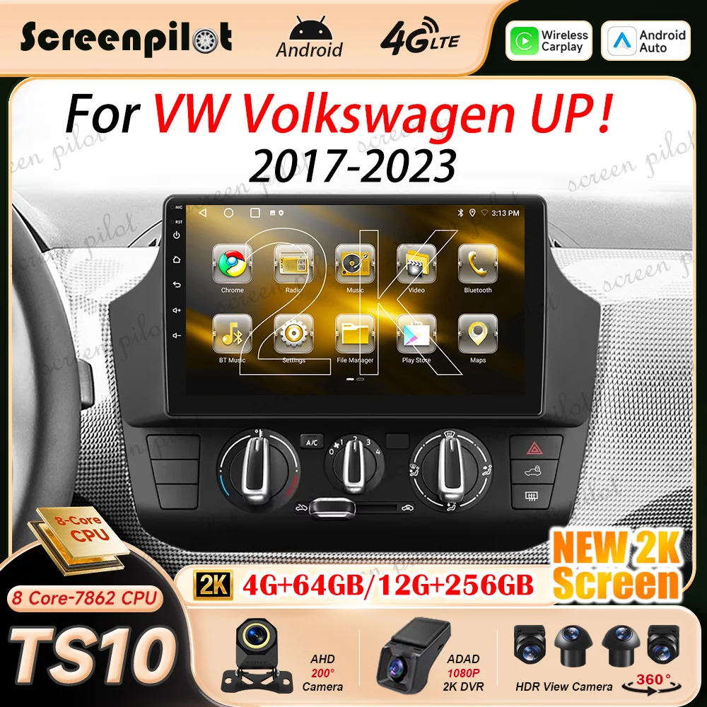 Android 16 Car Radio Stereo For VW Volkswagen UP!2017-2023 2K QLED Stereo Head Unit Multimidia Player GPS Carplay Android Auto