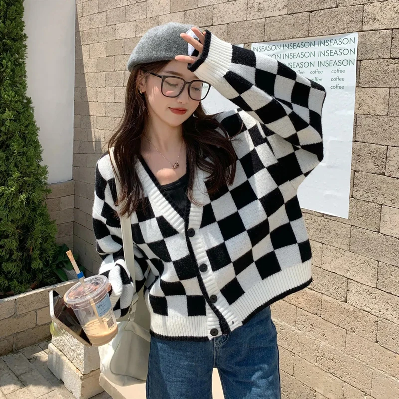 MEXZT Fashion Harajuku Black and White Patchwork Cardigan Sweater Women Fall Long Sleeve Streetwear Tops Korean Y2k Sweater New