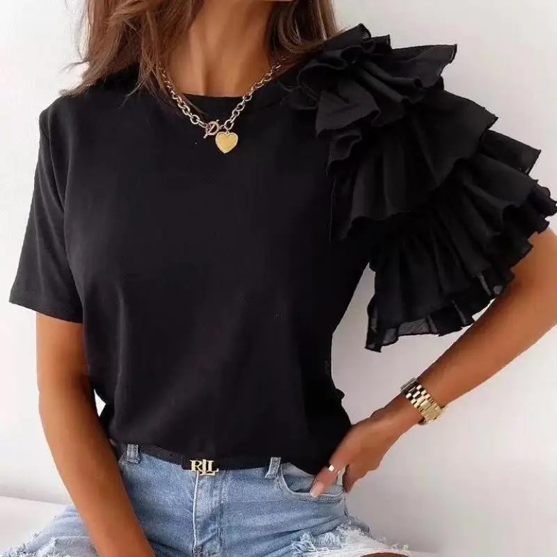 

GELITAYIN Elegant Ruffled Women's Casual Short Sleeve T-Shirt Fashionable Elegant Women's Top