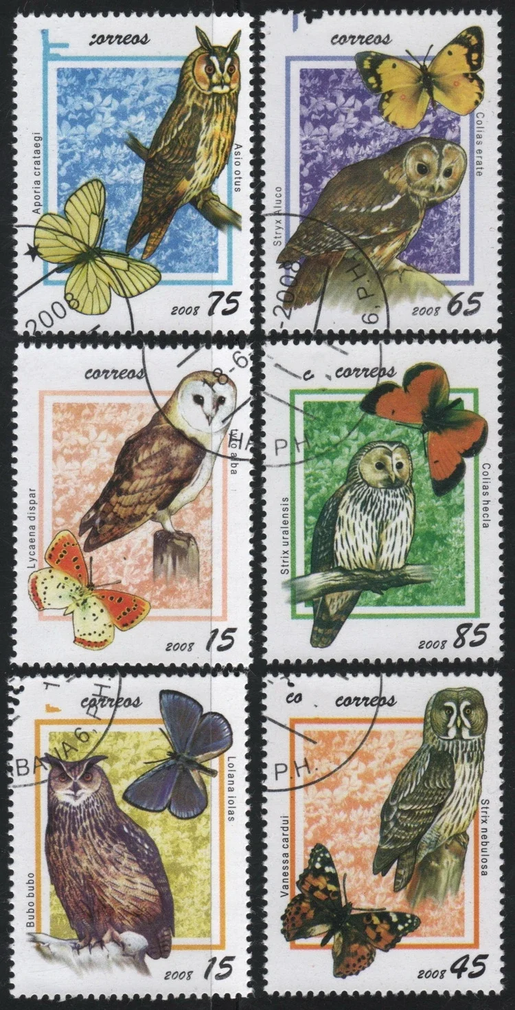 6Pcs/Set Caribbean Post Stamps 2008 Owl and Butterfly  Marked Postage Stamps for Collecting