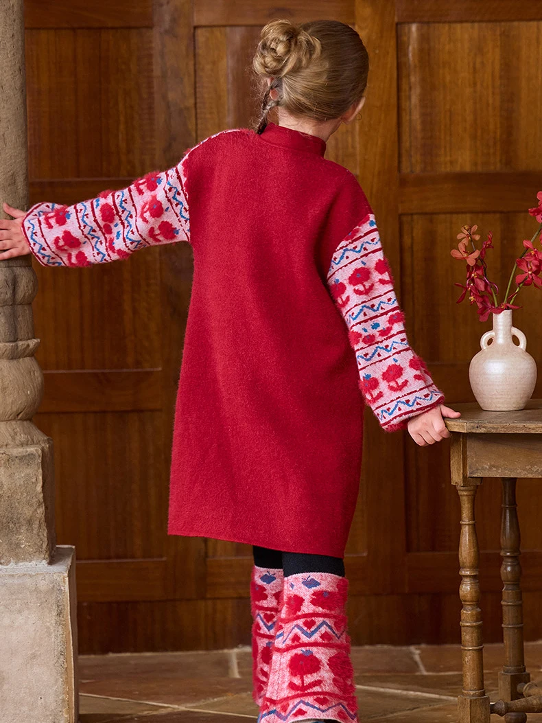 Girls' Modern Chinese-style Red Jacquard Knit Dress Cheongsam Style Qipao Dress for New Year and Fall Winter Christmas Party