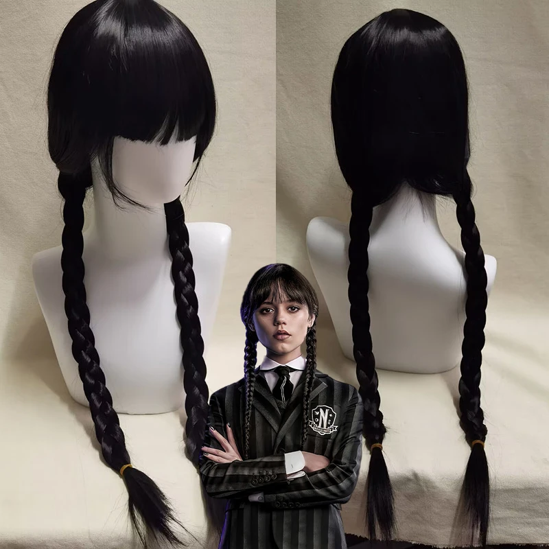 

Movie Wednesday Addams Cosplay Party Women Long Hair Wig with Bangs Heat Resistant Synthetic Braided Wig for Girls Halloween