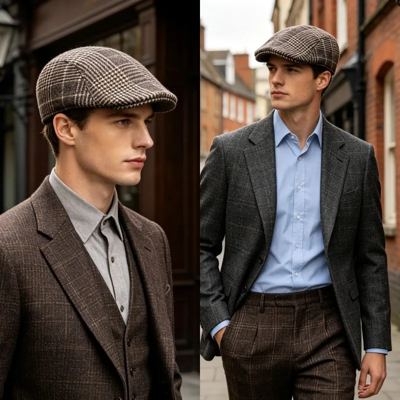 Vintage UK Beret Hat Autumn Winter Gentleman Newsboy Tartan Check Print Hat Waiter Cabbie Wool Cap Golf Baseball Hat