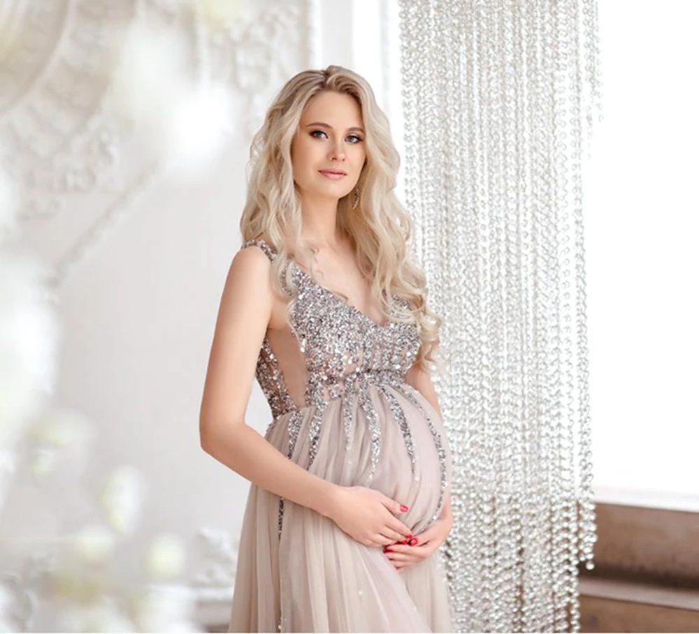 V-Neck A-Line Pregnant Woman Dresses Sequins Tulle Maternity Dress Hot Sale Pregnant Woman Photoshoot Gown Dressing Gowns