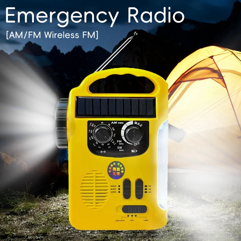 Radio de emergencia con manivela de bolsillo, Radio Solar AM/FM de 1200Mah con linterna LED, alarma SOS para acampar y aventuras al aire libre