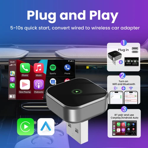 Imagen 2 del producto Adaptador inalámbrico CarPlay Android Auto 2 en 1, Dongle inteligente, conexión Plug And Play, actualización OTA Universal para coches Carplay con cable 98%