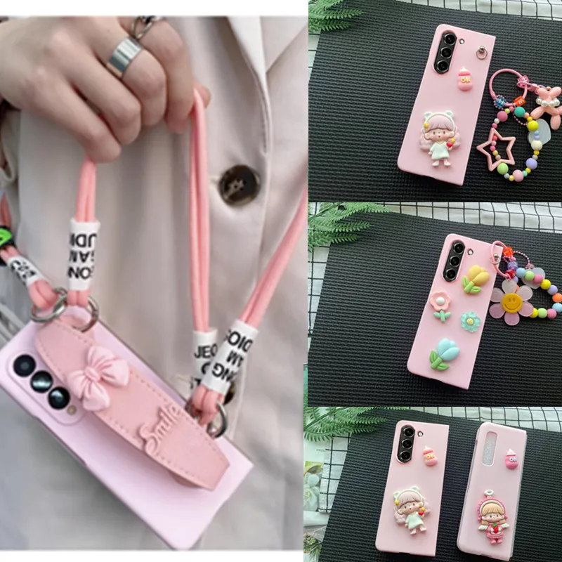 Korea Cute Pink Girl Wrist Strap Pendant Long Rope PC Phone Case For Samsung Galaxy Z Fold 5 4 3 2 1 Case Z Fold5 Z Fold4 Z Fold