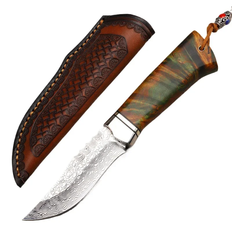 

VG10 Damascus Steel Outdoor Camping Tactical Knife Copper + Cured Wood Handle Fixed Blade Hunting Tools for Survival Gift Men