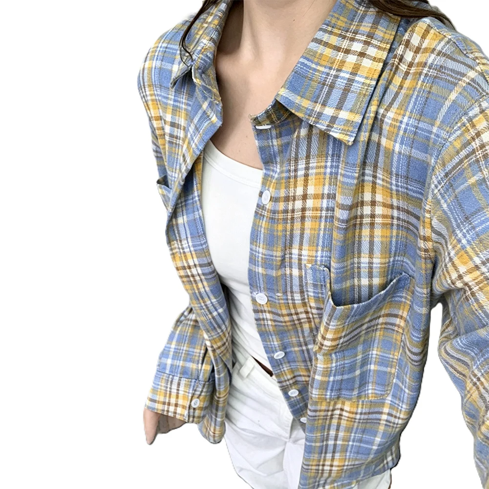 Women's Polyester Plaid Oversized Shirt Coat Turn-Down Collar Long Sleeve Regular Length Vacation Holiday Cycling