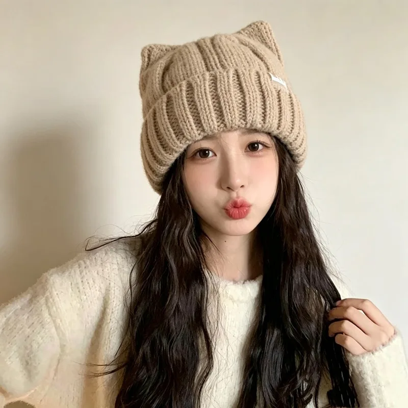 Women Cat Ear Knit Beanie Autumn Winter New Japanese Style Cute Thick Warm Korean Style Versatile Cold Weather Hat