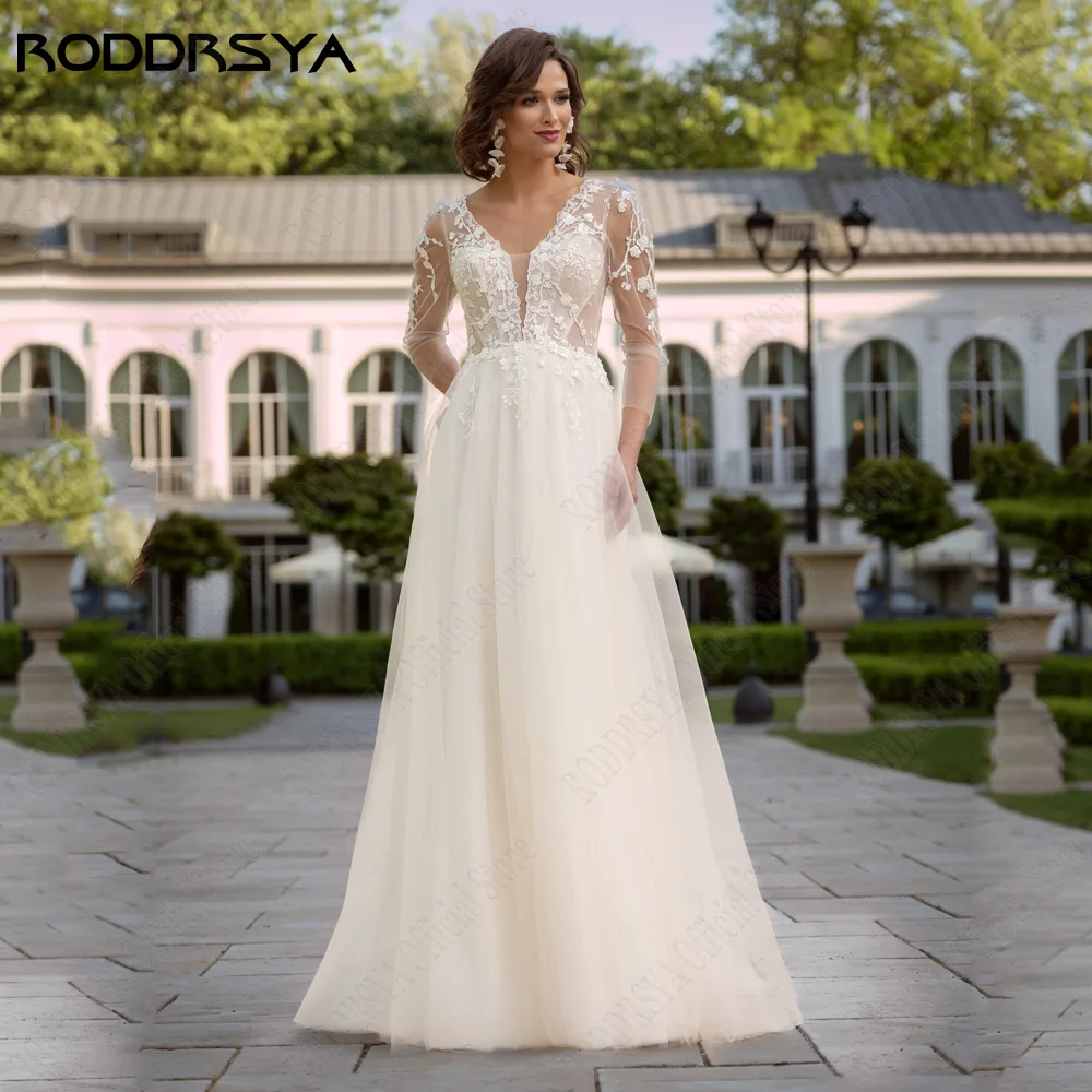 

RODDRSY Romatic Wedding Dresses For Woman 3/4 Sleeves Illusion Bride Gowns Light Champagne A-Line Tulle vestido de noiva 2024