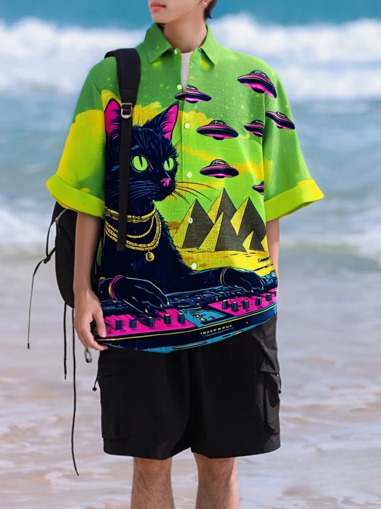 Men's y2k Specially Shirts Vintage Black Cat DJ Playing Music Print Shirt Casual Boho Retro Stand Collar Summer Tops Blouse 2025
