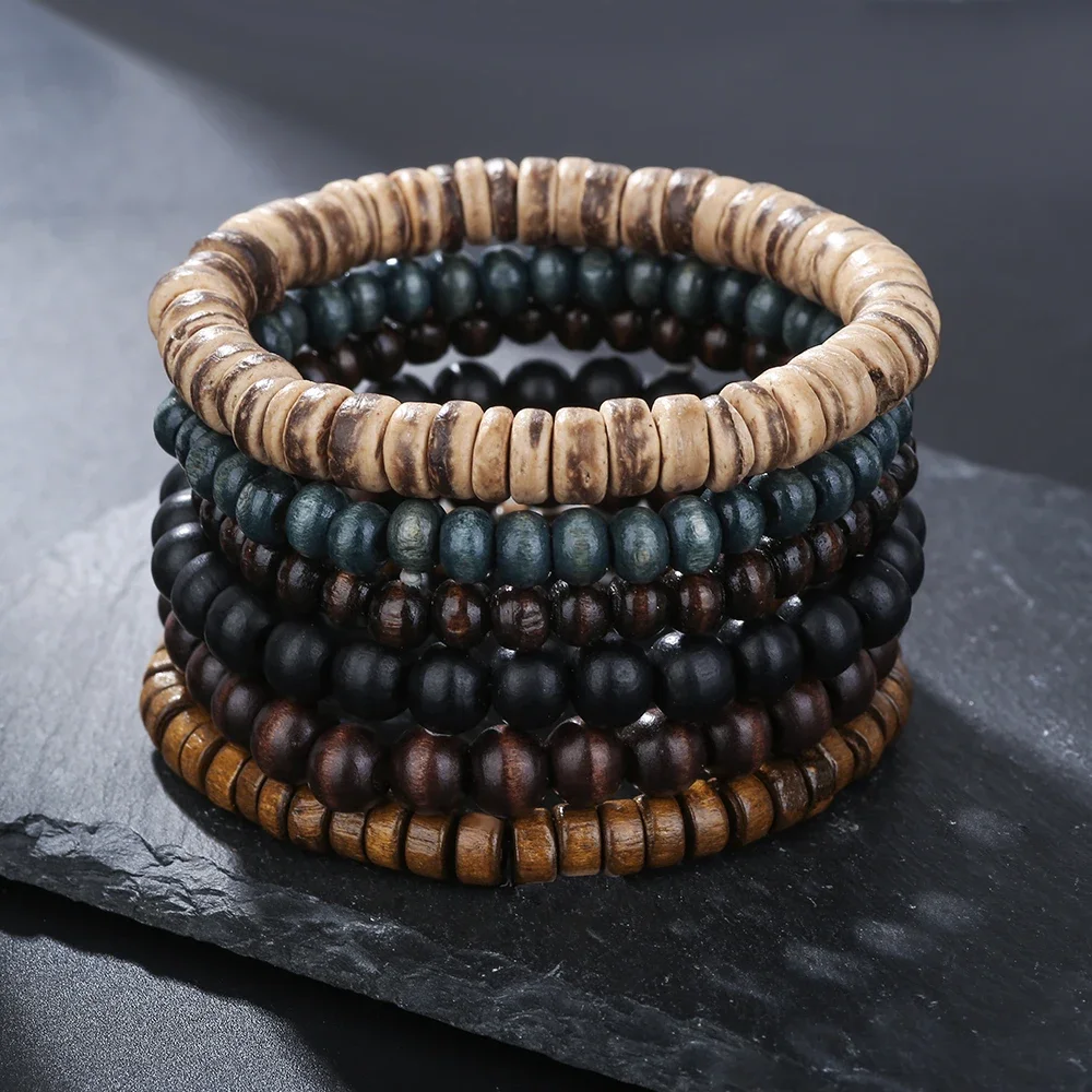 Best-selling Multi-layer Buddha Wood Bead Bracelets Sets Men\'s Retro Style Multi-layer Elastic Thread Adjustable Wooden Bracelet