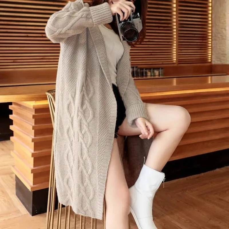 Women Sweater Midi Cardigans Autumn Winter 2023 Knitted Jackets Korean Loose Oversized Long Sleeve Casual Hooded Coats Basic New