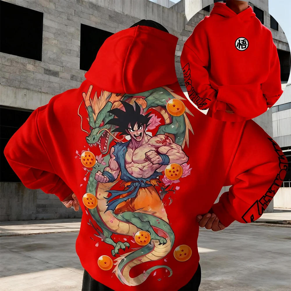 Dragon Ball Anime Goku Sudadera con capucha roja Conjunto Shenron Dragon Print Naranja Gi Diseño de personaje Sudadera de algodón con manga Kanji