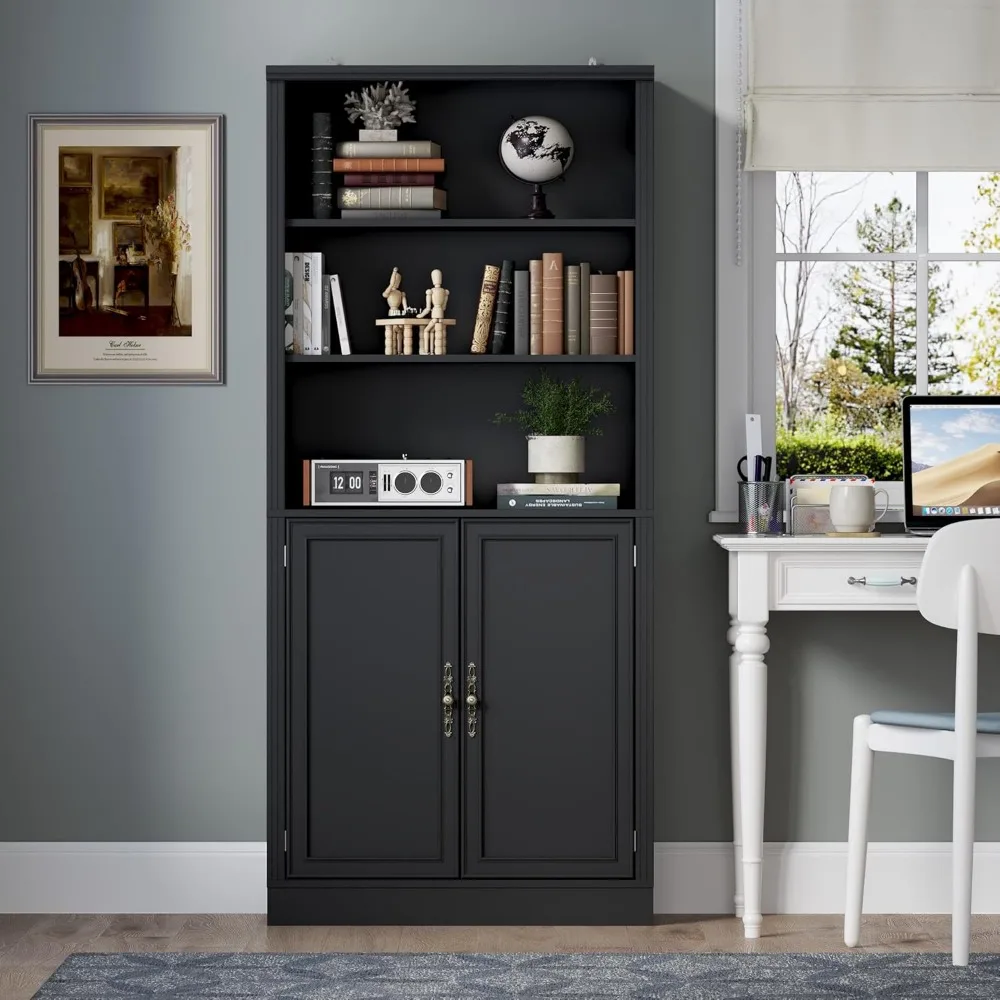 "Seventy-One and Four-Tenths Inches Tall 5-Shelf Floor Standing Bookcase with Cabinet Doors and Adjustable Shelves, Thirty-One a