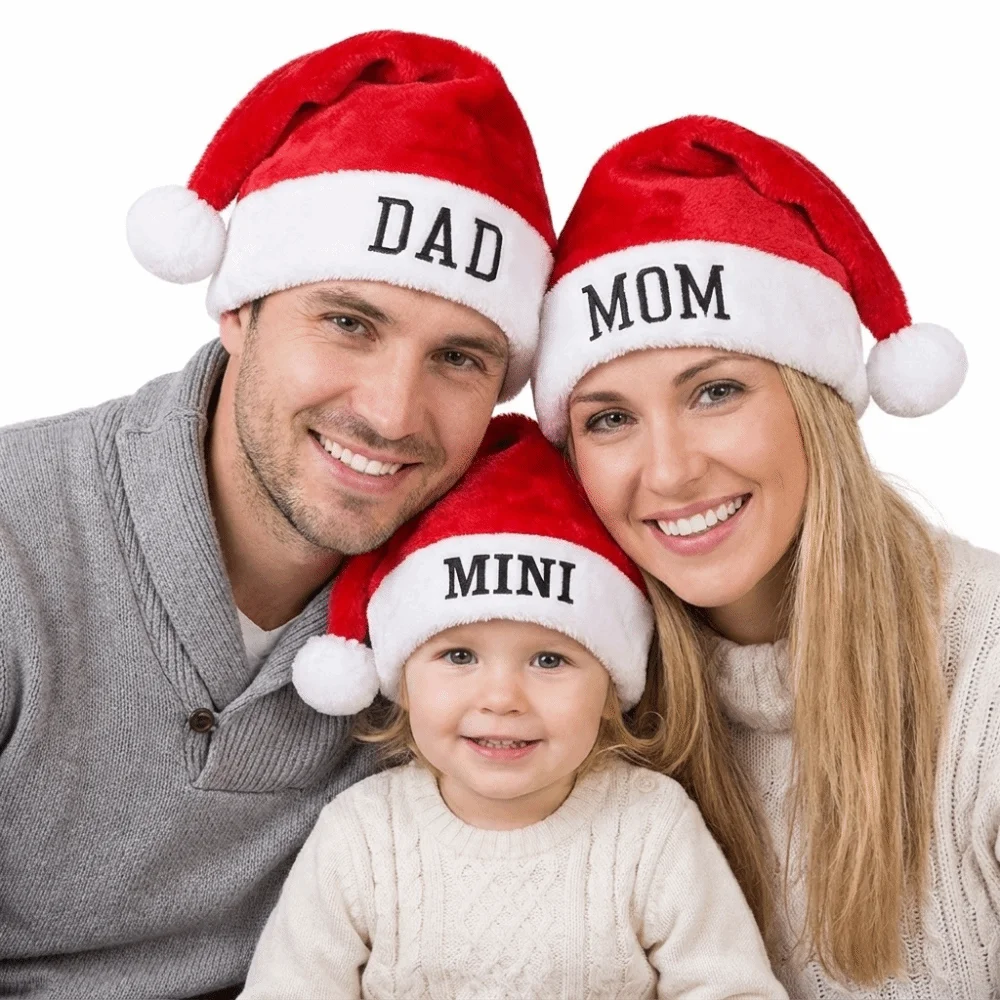 DAD MOM MINI Embroidered Family Matching Santa Hat Fluffy Thick Christmas Santa Cap Soft Parent-Unisex Santa Hat