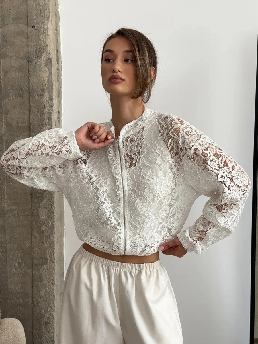 Bornladies Autumn and Winter New Standing Collar Lace Elegant Temperament Zipper Hollow Perspective Women's Fashionable Jacket