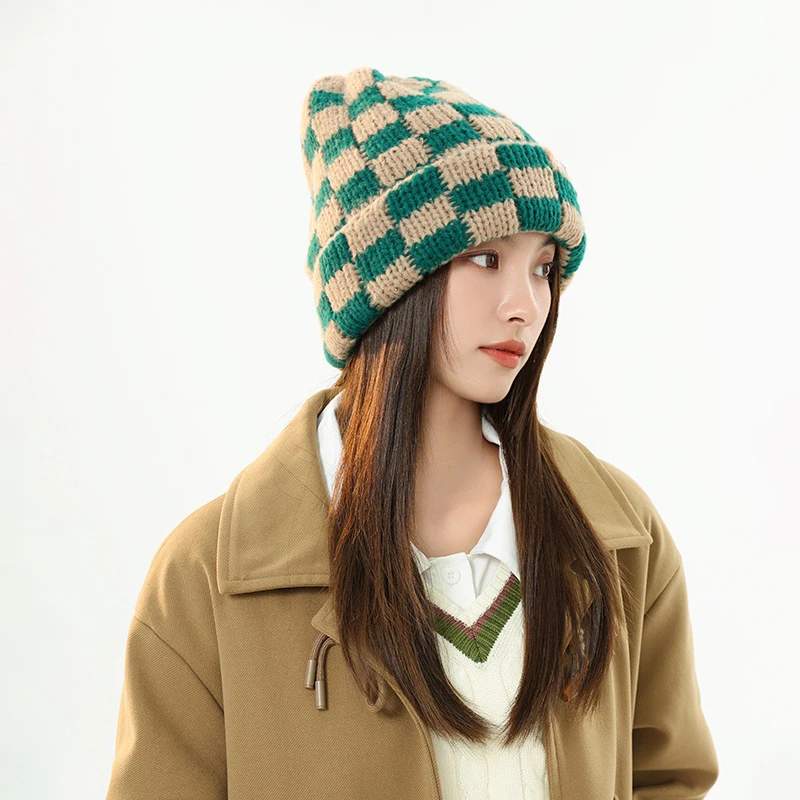 New Japanese Korean Winter Check Plaid Skullies Beanies Knit Hat for Women Ins Luxury Brand Y2k Bonnet Heavy Warm Hat Casual Cap