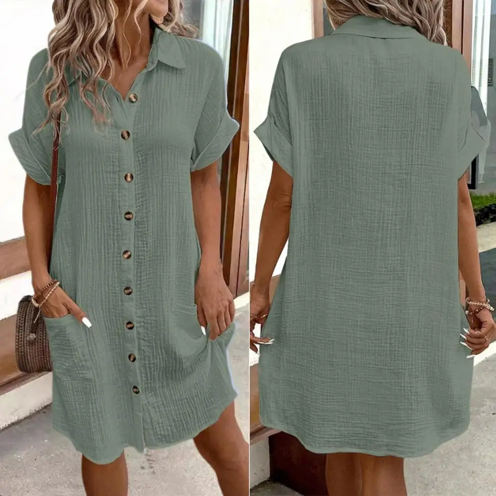 Solid Color Women Dress Versatile Knee-length Midi Dress Stylish Turn-down Collar Loose Fit Convenient Patch Pockets for Summer