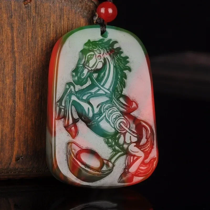 Natural Color Jade Hand Carved Zodiac Horse Pendant Fashion Boutique Jewelry Men's and Women's Colorful Zhaocai Horse Necklace