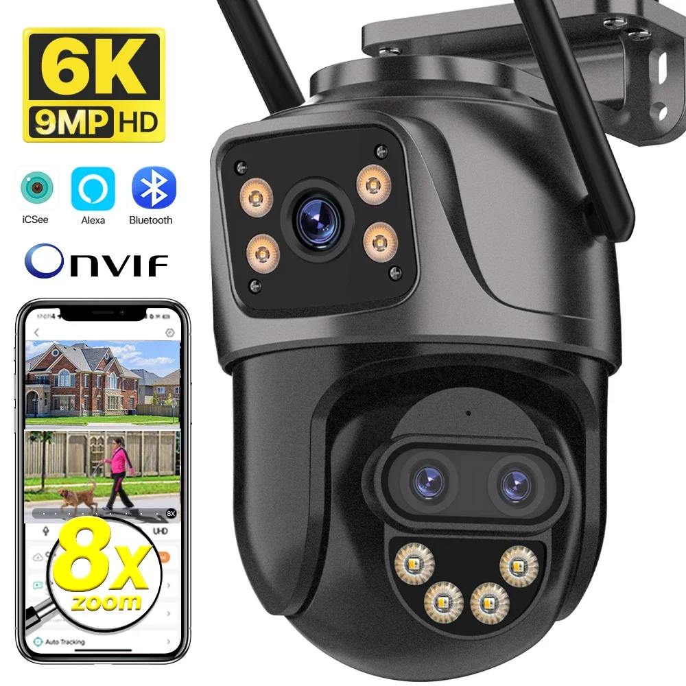 

IP Camera 6K 9MP HD WiFi Outdoor Camera 8x Zoom Three Lens Dual Screen Home Security PTZ Camera 6MP Video Surveillance iCSee