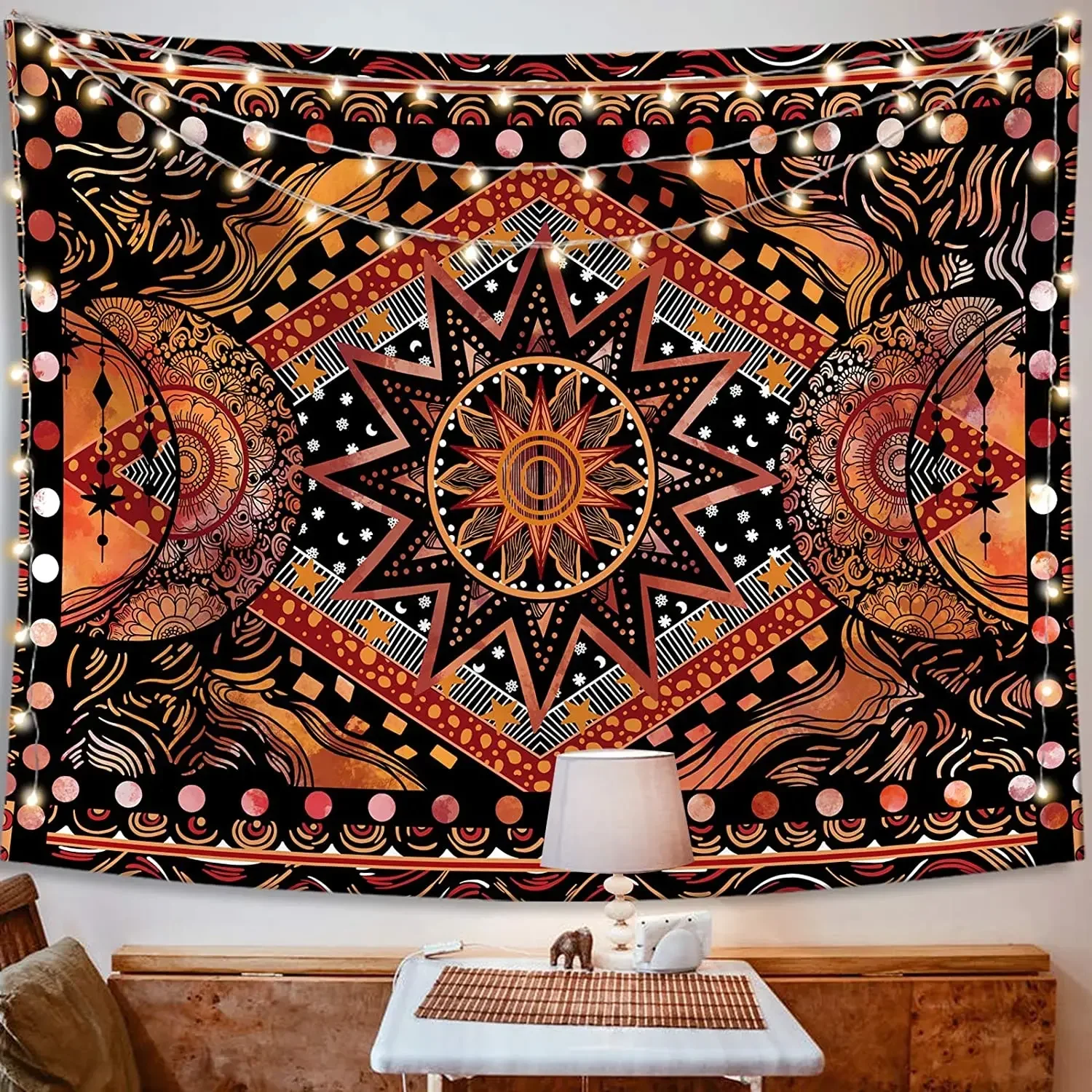 Orange Sonne und Mond Wandteppich Wandbehang Indie Hippie Mandala Coole Wandteppiche Ästhetischer Wandteppich für Schlafzimmer Wohnzimmer