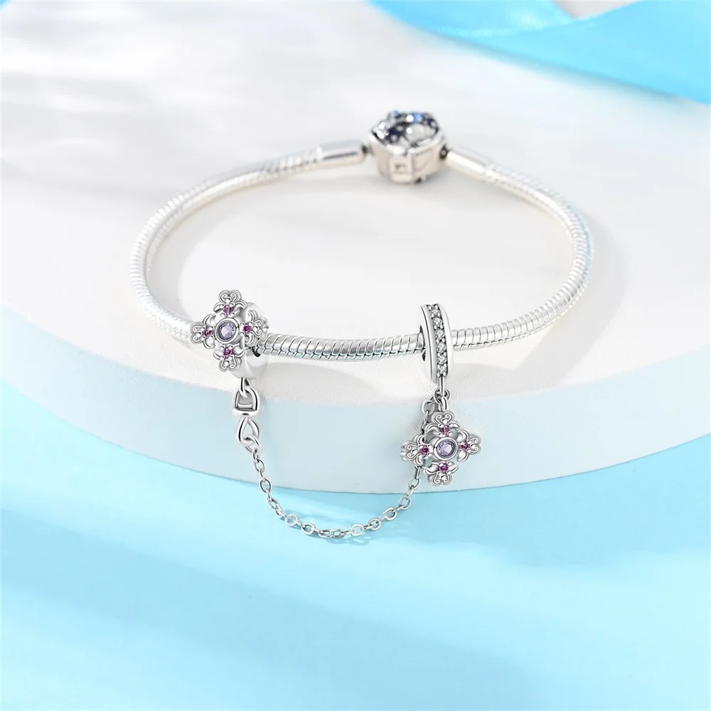 Brilliant 925 Sterling Silver Classical Cross Double Flower Safety Chain Charm Fit Bracelet Women's Party Accessory