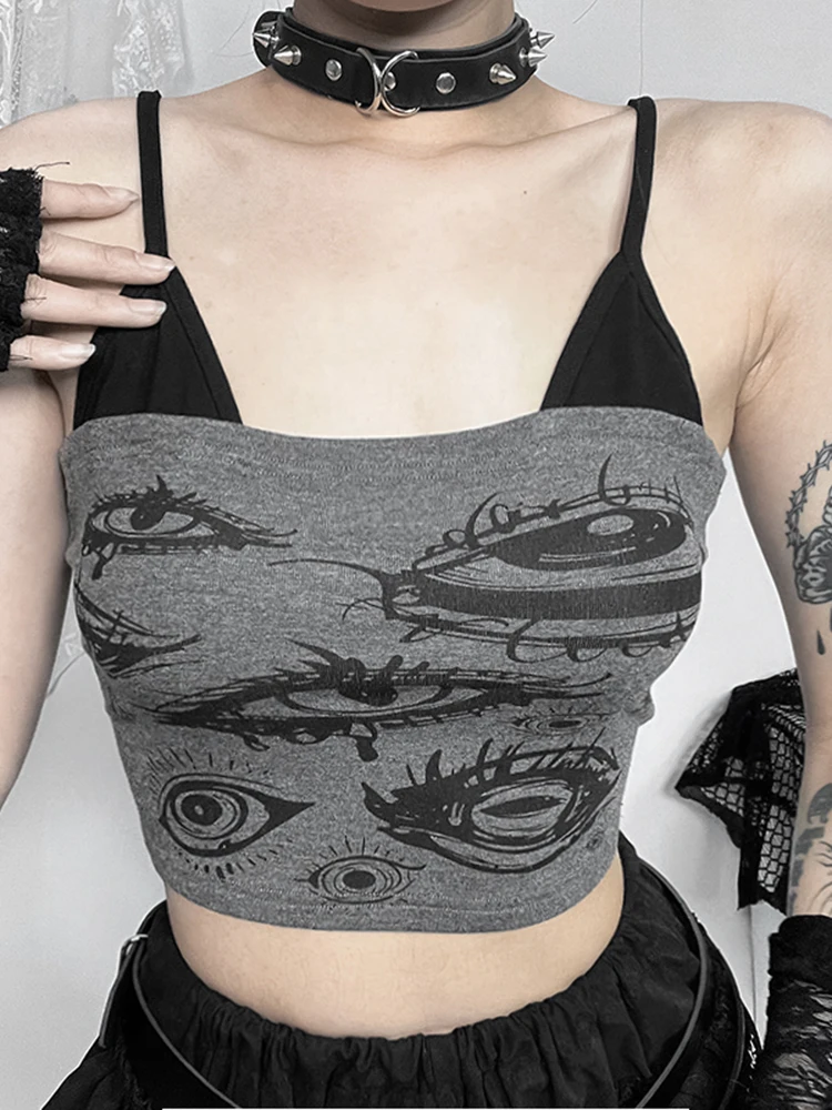 Altgoth Y 2K Gothic Grey Camis Vrouwen Vintage Esthetische Streetwear Harajuku Devil Eye Print Crop Tank Top Emo Alt Rave Outfits