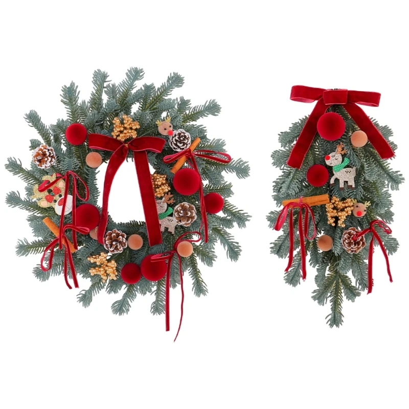 Weihnachtskranz-Hängedekoration für den Eingangsbereich mit Bandbesatz und Winterstil 3XUF – Detail 1