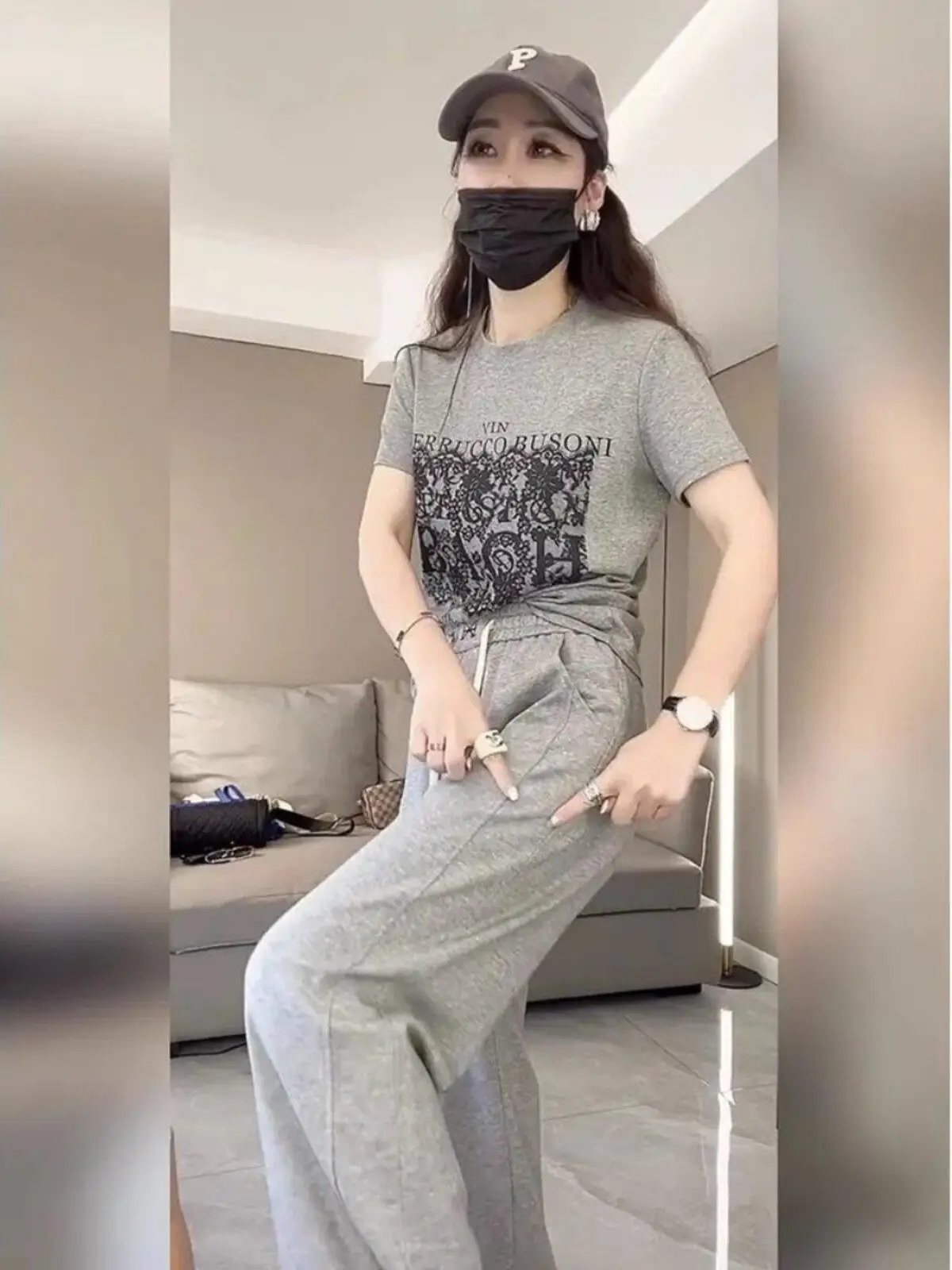 

Summer 2026 Fashionable Casual Short Sleeve Thin Wide Leg Pants Set Two Piece Sporty Outfit High Waist Breathable Cotton T-Shirt
