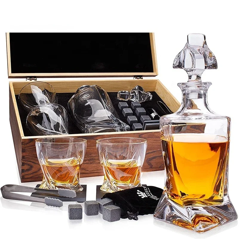 Whisky Bourbon Chilling Rocks Stones Twisted Whiskey Liquor Decanter and Glasses Set in Wooden Box for Birthday Wedding Gift