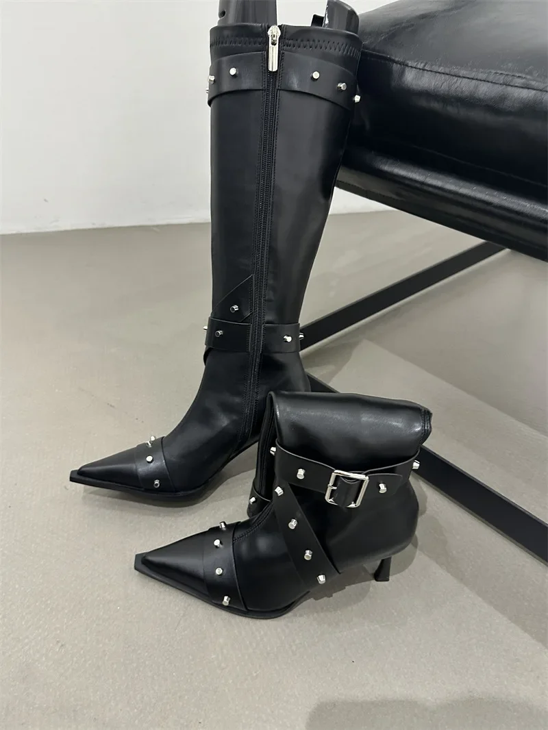 Buty do kolan dla kobiet Cool Metal Pointed Toe High Heels Fashion Western Boots Female Rivet Buckle Sexy Ladies Booties