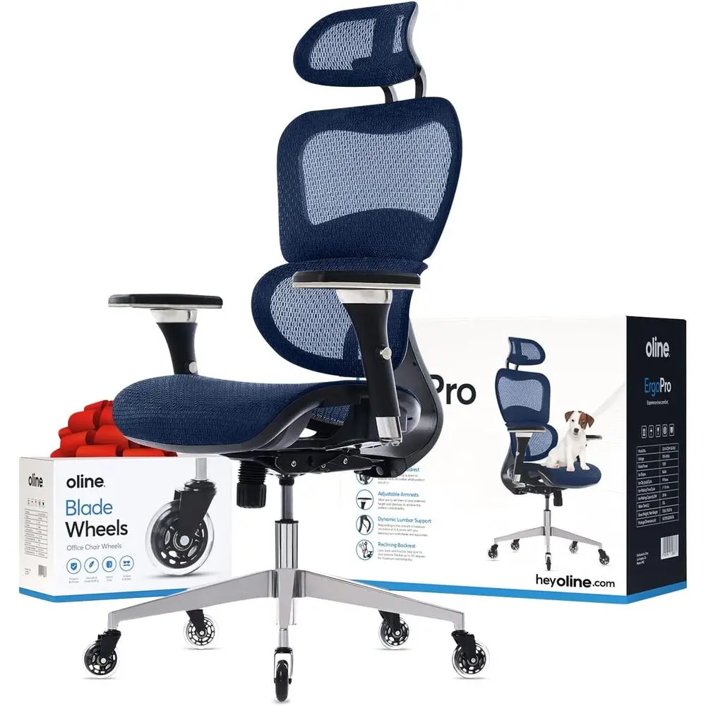 Silla de Oficina Ergonómica con Reposabrazos Ajustables, Soporte Lumbar 3D, Ruedas Tipo Cuchilla y Diseño de Malla Azul Marino