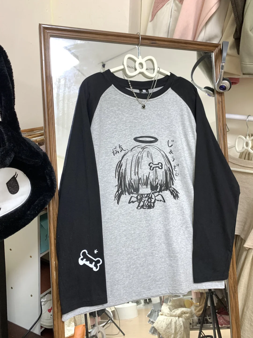 Japanese Cute Anime Angel Girl Color Matching Loose Cute T-shirt Long Raglan Sleeve Pullover Hip Hop Cartoon Y2K Top Loose Goth