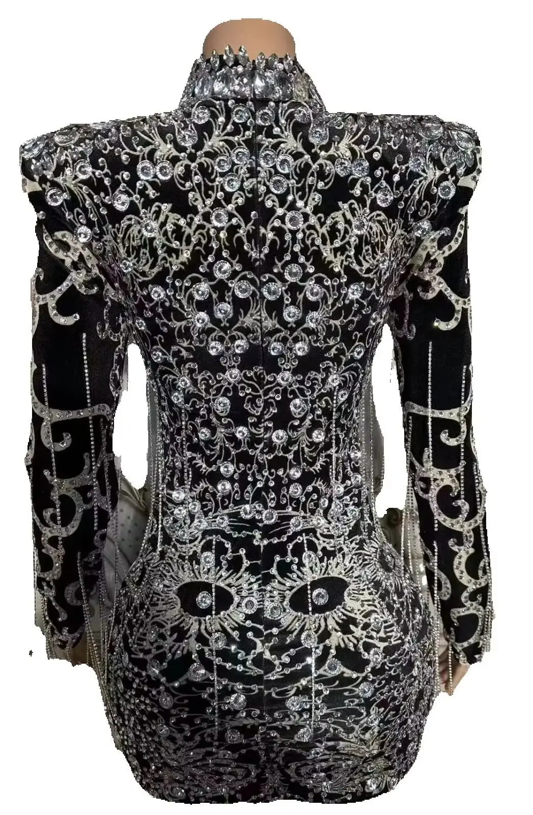 

ZD Sleeves Skirt Costume Women Dancer Prom Stones Host Outfit tage Evening Birthday Celebrate Velvet Rhinestone