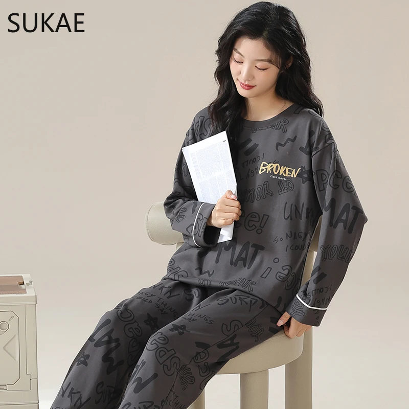 SUKAE Spring New Women Pajamas Set Casual Girls Sleepwear Leisure Loungewear Lady\'s Pijamas Long Sleeves Faux Cotton Nightwear