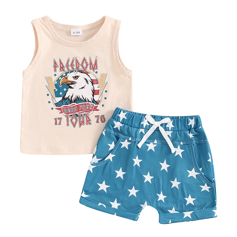 4th of July Toddler Boys Outfits Letter Eagle Print Sleeveless Tank Tops Stars Checkerboard Print Shorts 2Pcs Clothes Set