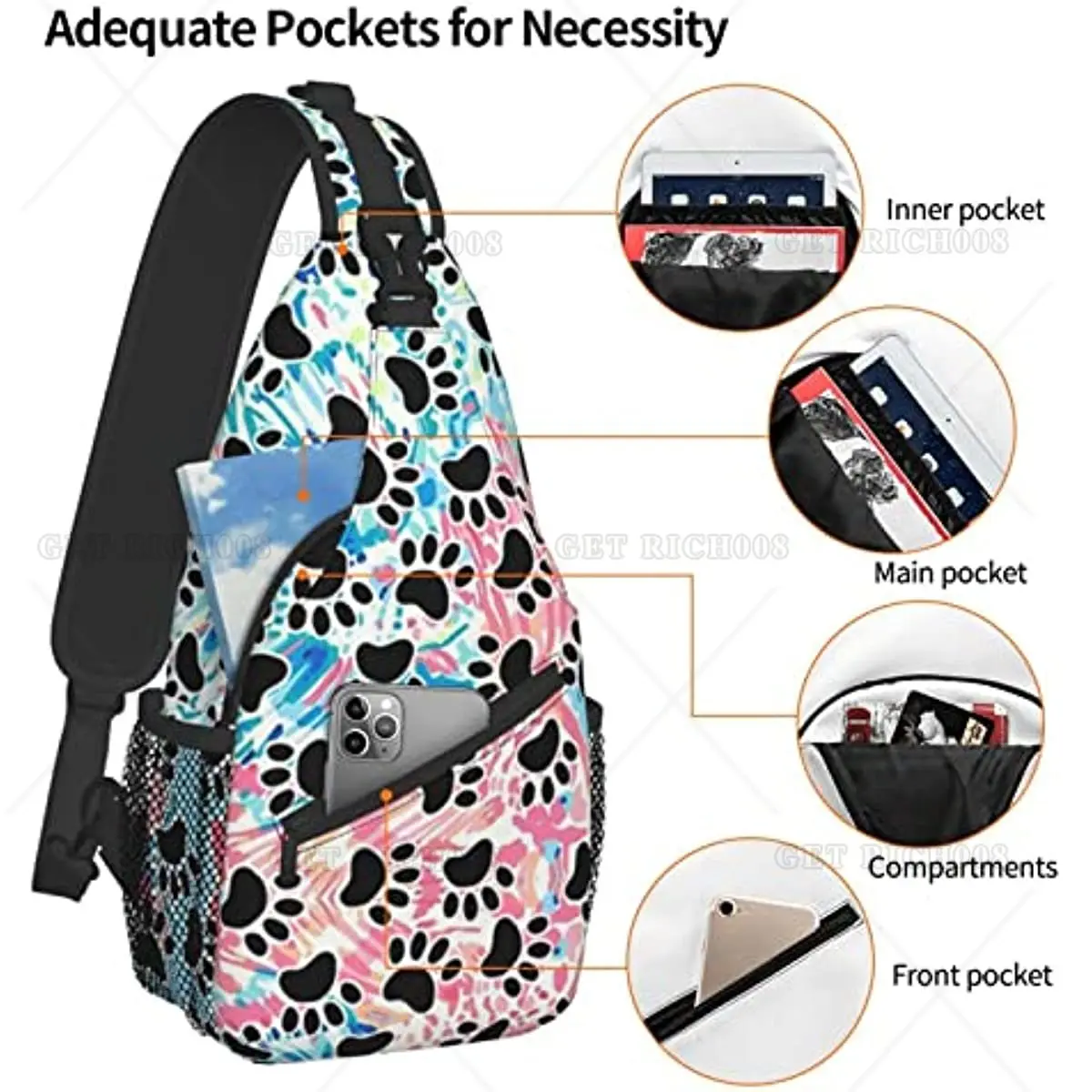 Arcobaleno Dog Paw Print Chest Bags Crossbody Sling Backpack Travel escursionismo Daypack Crossbody Shoulder Bag per donna uomo