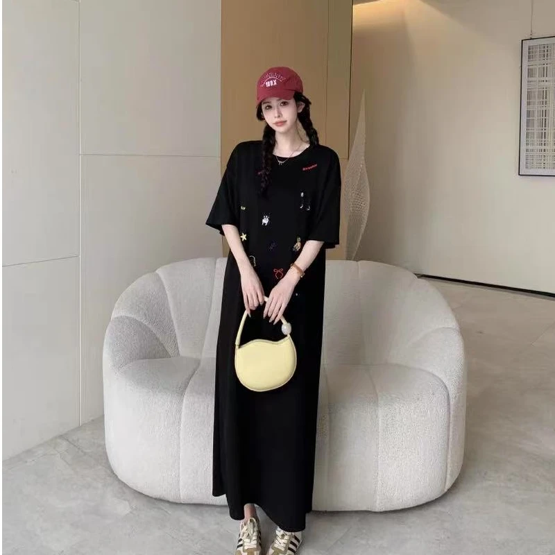 Jupe T-shirt ample mi-longue avec fentes, style coréen, décontracté, en Polyester, ort Sve, Tube droit, été Dr