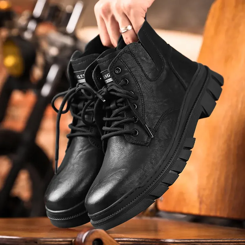 2024 New Autumn Winter Men's Leather High Top Casual Boots Soft Sole Non Slip Waterproof Lace up Work Boots Ankle Boots