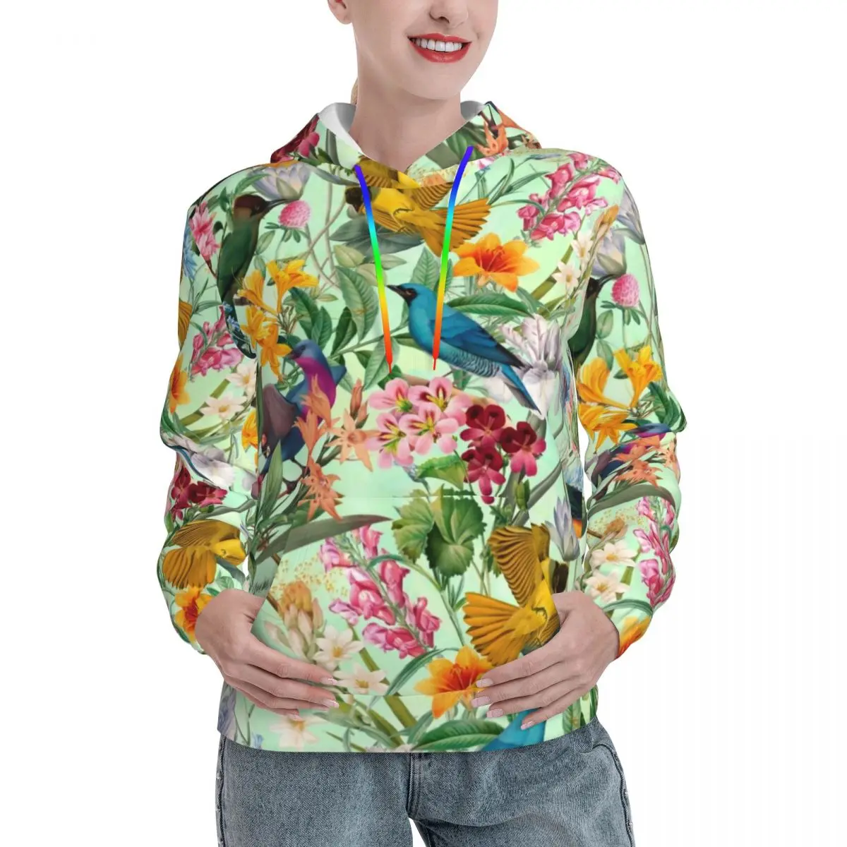 Colorful Birds Print Casual Hoodies Tropical Paradise Floral Hip Hop Sweatshirts Long Sleeve Outerwear Oversized Pullover Hoodie