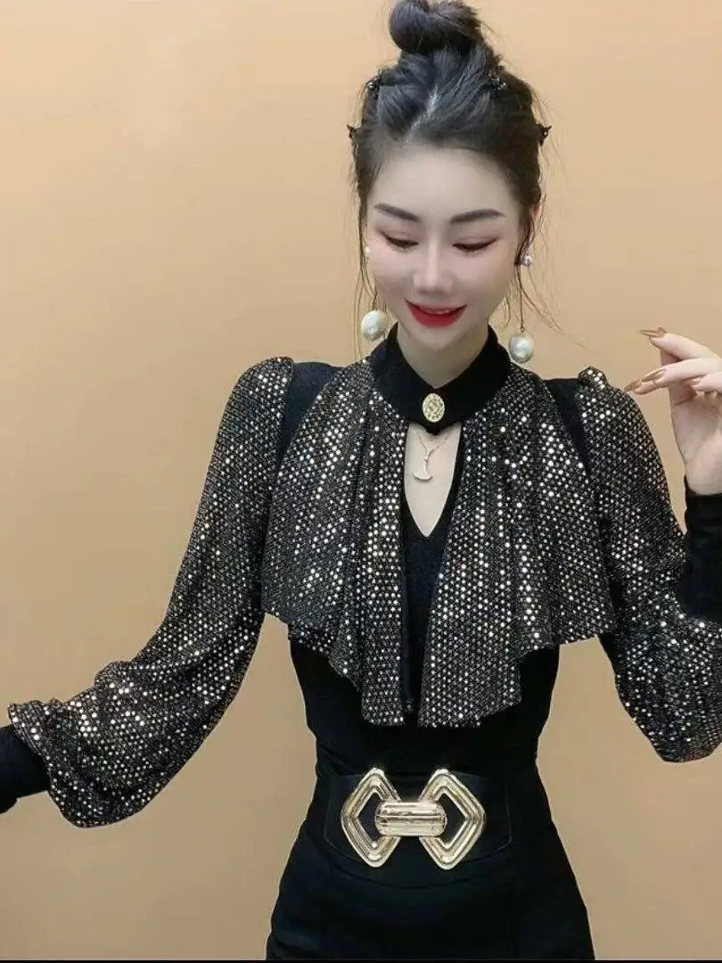 Faionable Long Sve Patchwork con paillettes Base irt Donna Autunno Nuovo Sle Versatile Top alla moda Coreano Sle Slim Fit