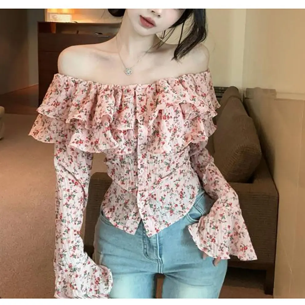 Unique Korean Style One Shoulder Floral Shirt Women's Spring Autumn Pure Desire Exposure Shoulder Small Top Beautiful Pink Shirt