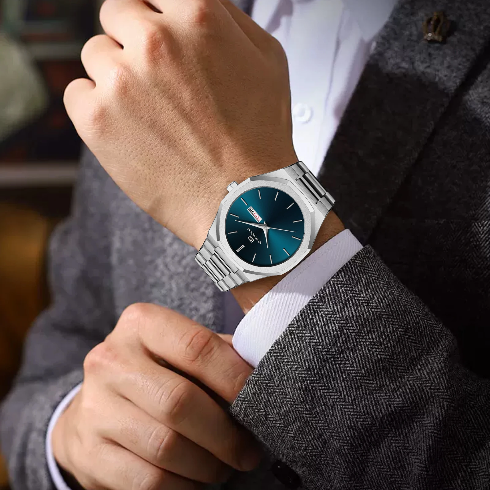 ساعة VA VA VOOM الفاخرة للرجال من الفولاذ المقاوم للصدأ، نمط عمل عصري، حركة تقويم مزدوج، حزام ذهبي أزرق، ساعات كاجوال للرجال