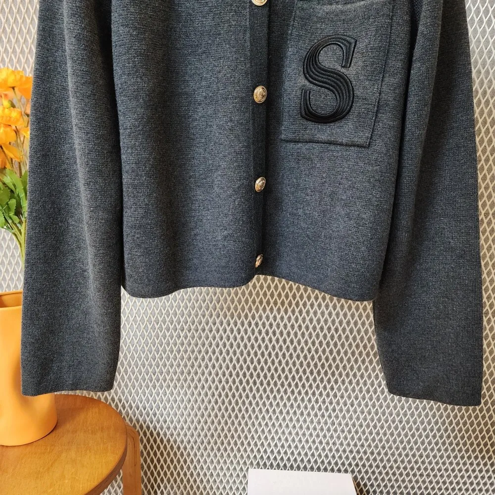 S رسالة التطريز الخريف الشتاء طويلة الأكمام ضئيلة متماسكة أسود رمادي سترة للمرأة تريكو سترة السيدات قمم الملابس