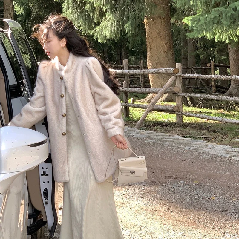 

Винтажное пальто с воротником-стойкой из искусственного меха, женское, новинка 2023 года, с длинными рукавами, стандартной длины, для повседневной носки, модное, с пуговицами