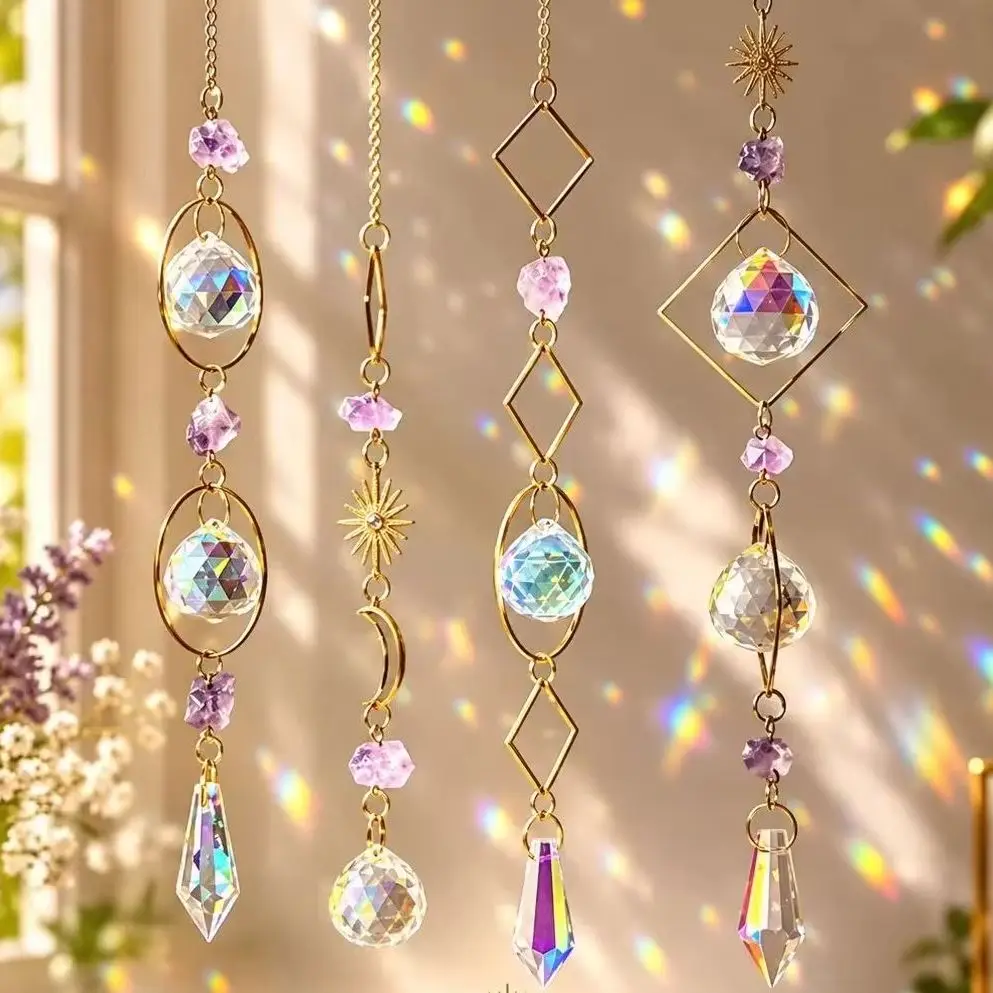 Raw Amethyst Crystal Sun Catcher, Rainbow Prism Hanging Ornament, Natural Rough Stone Suncatcher for Boho Window Home Decor Gift