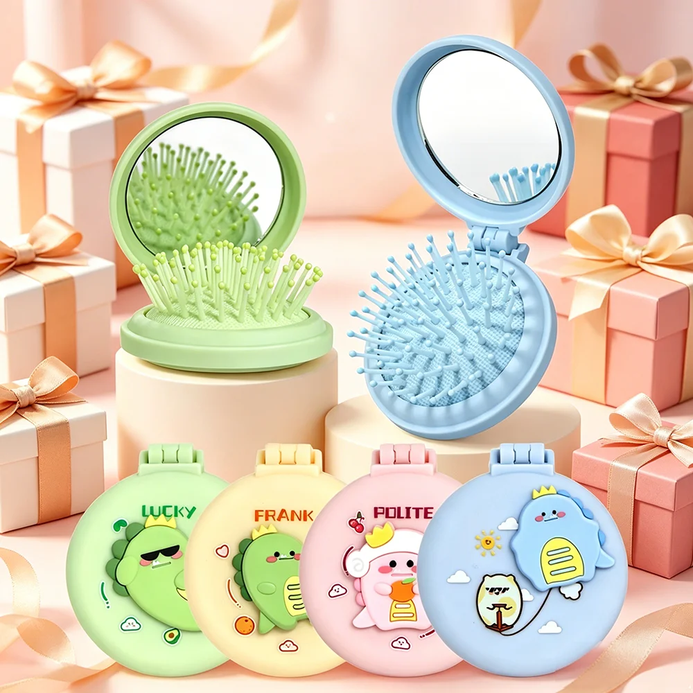 

Cute Little Dinosaur Folding Air Cushion Massage Comb With Mirror Anti‑Static Flexible Comb Teeth Portable Daily Hair Styling